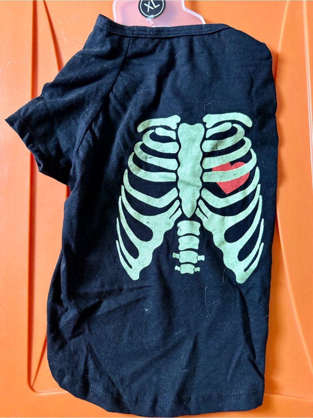 Black Dog Tee with Glow Green Ribcage and Red Heart Graphic